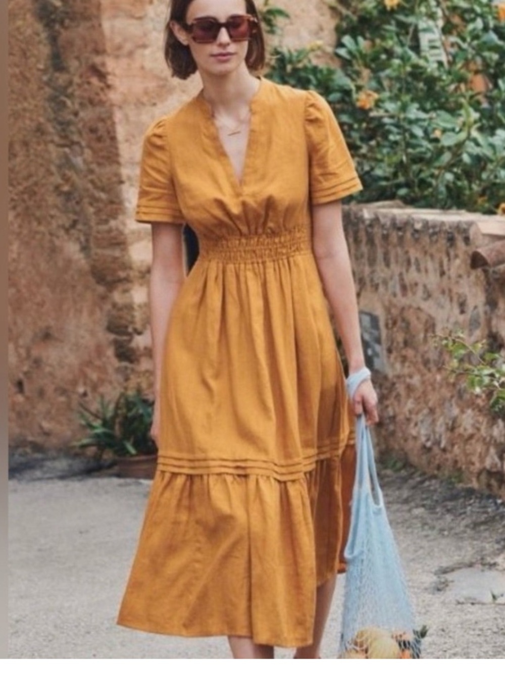 Boden Linen Pintuck Detail Harvest Gold Midi Dres
